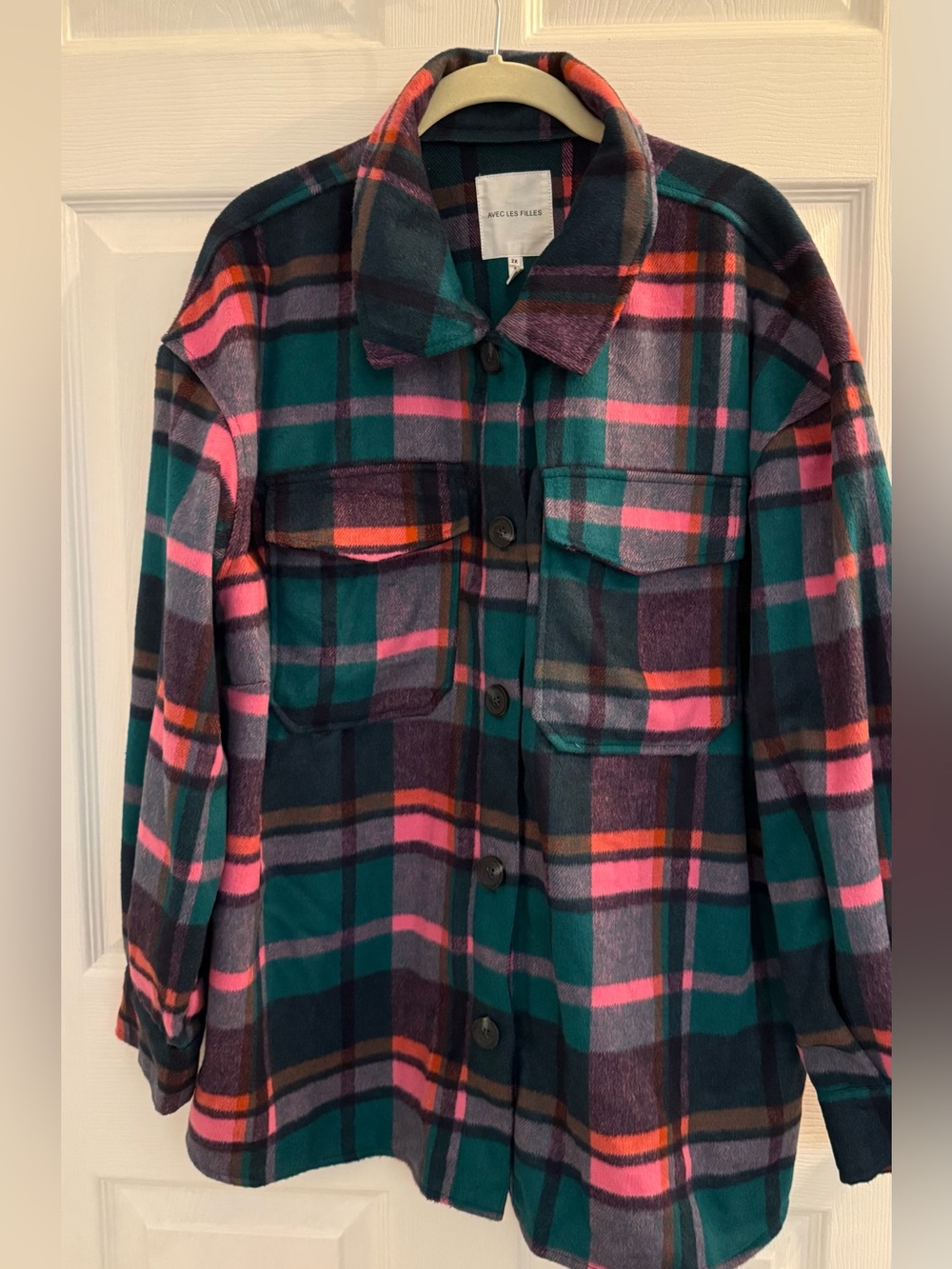 Avec Les Filles Green Pink Plaid Button-Down Shirt Jacket
